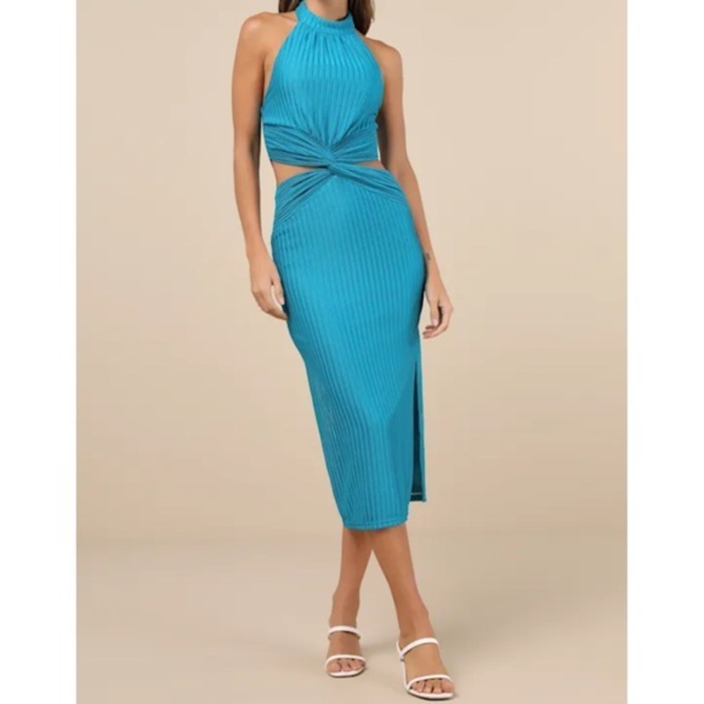 Lulus Poised Attitude Teal Ribbed Halter Twist Cutout Midi Dress Size XL